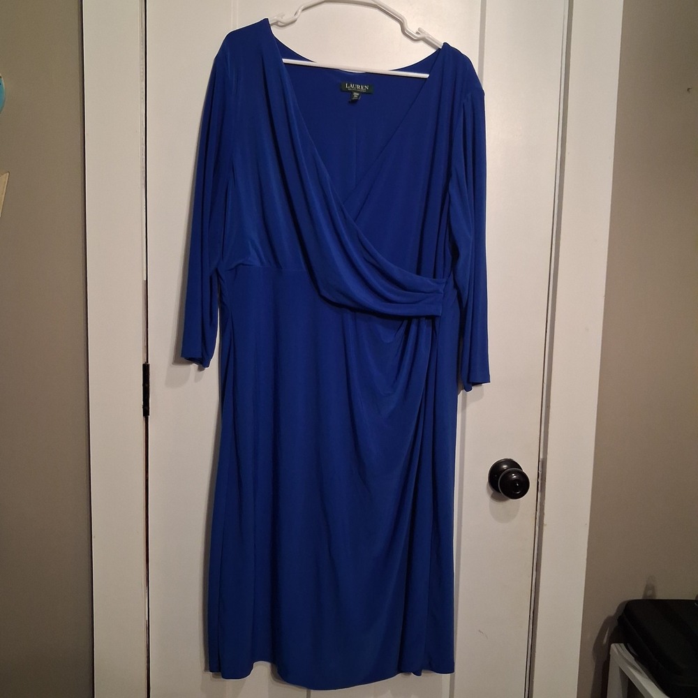 Lauren Ralph Lauren Dress Women 20W Blue Faux Wrap V-Neck 3/4 Sleeve Knee Length - Picture 2 of 8
